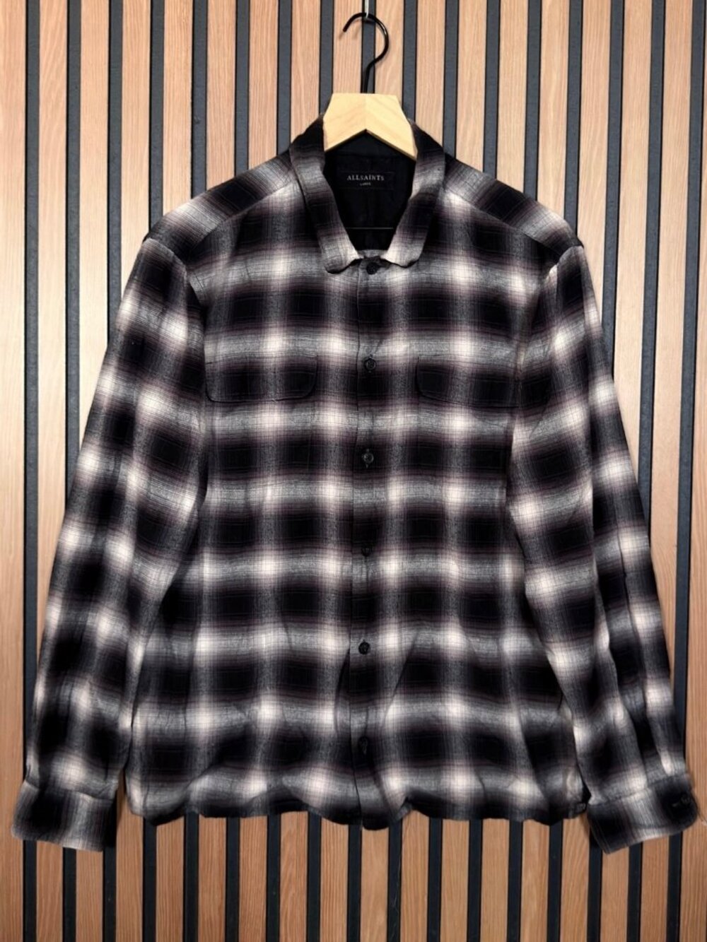 AllSaints Flannel Shirt Large Mens Sondhein Red Black Plaid Button Up Collared